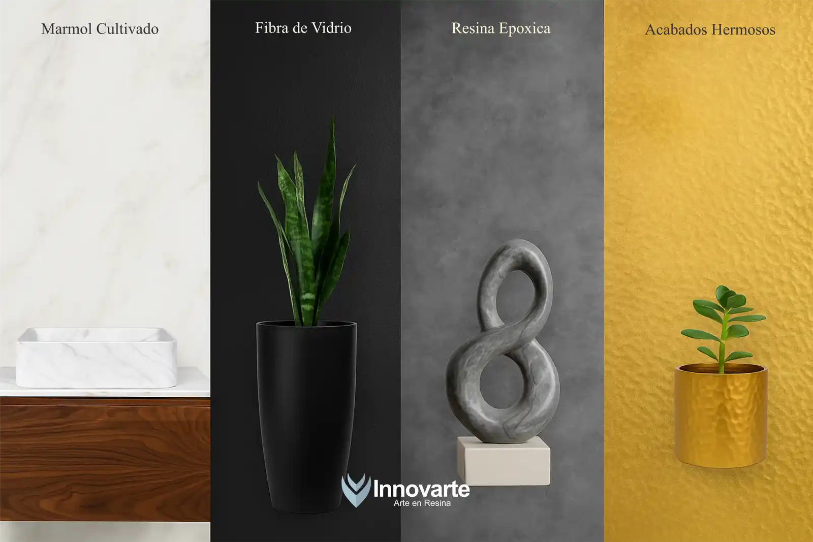 Muestras de resina epóxica, mármol cultivado, fibra de vidrio y acabados Innovarte